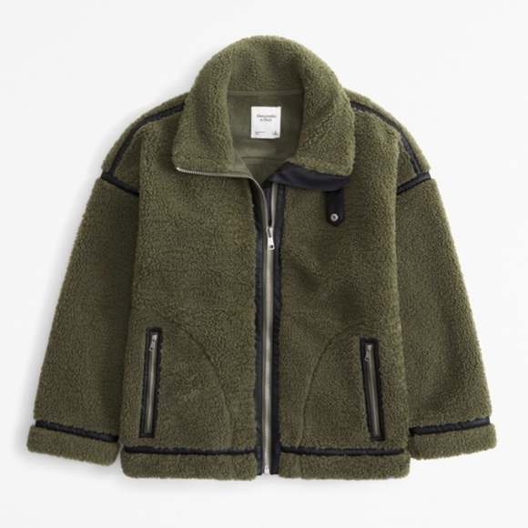 Abercrombie & Fitch Dark Green Contrast Trim Sherpa Aviator Jacket - Picture 1 of 7